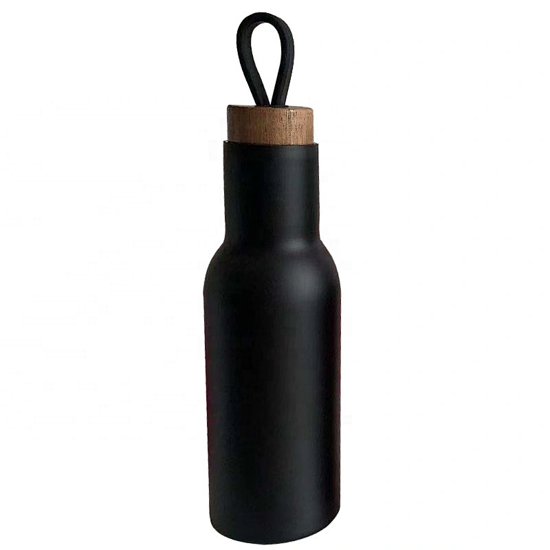 14oz Customized Sports Water Bottle  Vacuum Flask with Wooden Grain Lid Silisone Handle Stainless Steel Outdoor Bottle