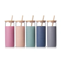 Customized Bamboo Lid Office Desk Cup Glass Water Bottle Tea Coffee Milk Cup with Bamboo Straw Lid Silicone Pouch Sleeve