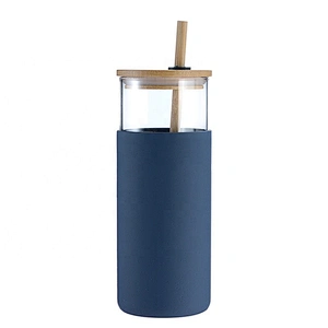 Customized Bamboo Lid Office Desk Cup Glass Water Bottle Tea Coffee Milk Cup with Bamboo Straw Lid Silicone Pouch Sleeve