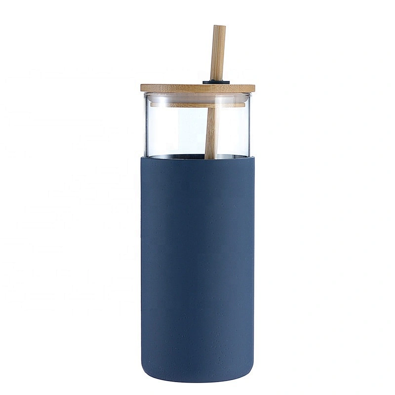 Customized Bamboo Lid Office Desk Cup Glass Water Bottle Tea Coffee Milk Cup with Bamboo Straw Lid Silicone Pouch Sleeve