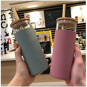 Customized Bamboo Lid Office Desk Cup Glass Water Bottle Tea Coffee Milk Cup with Bamboo Straw Lid Silicone Pouch Sleeve