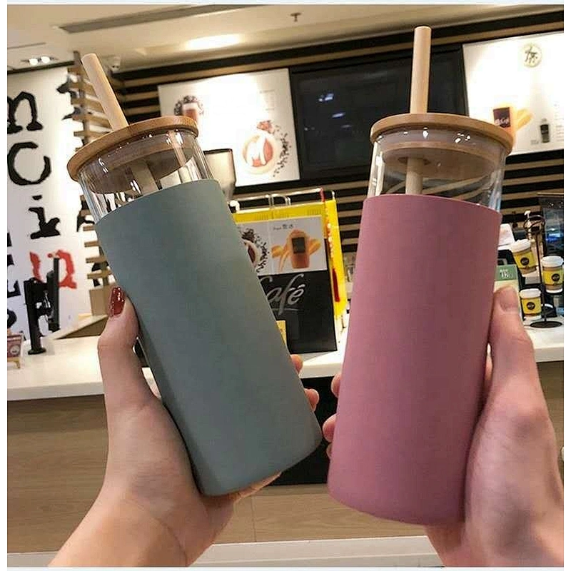 Customized Bamboo Lid Office Desk Cup Glass Water Bottle Tea Coffee Milk Cup with Bamboo Straw Lid Silicone Pouch Sleeve