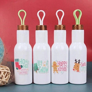 14oz Customized Sports Water Bottle  Vacuum Flask with Wooden Grain Lid Silisone Handle Stainless Steel Outdoor Bottle