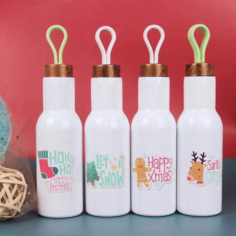 14oz Customized Sports Water Bottle  Vacuum Flask with Wooden Grain Lid Silisone Handle Stainless Steel Outdoor Bottle