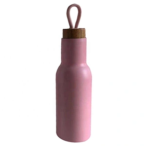 14oz Customized Sports Water Bottle  Vacuum Flask with Wooden Grain Lid Silisone Handle Stainless Steel Outdoor Bottle