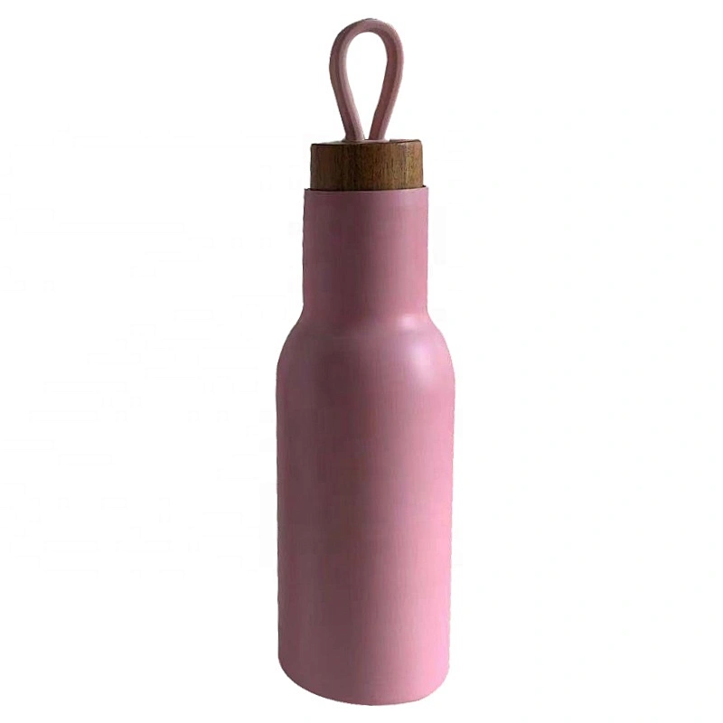 14oz Customized Sports Water Bottle  Vacuum Flask with Wooden Grain Lid Silisone Handle Stainless Steel Outdoor Bottle