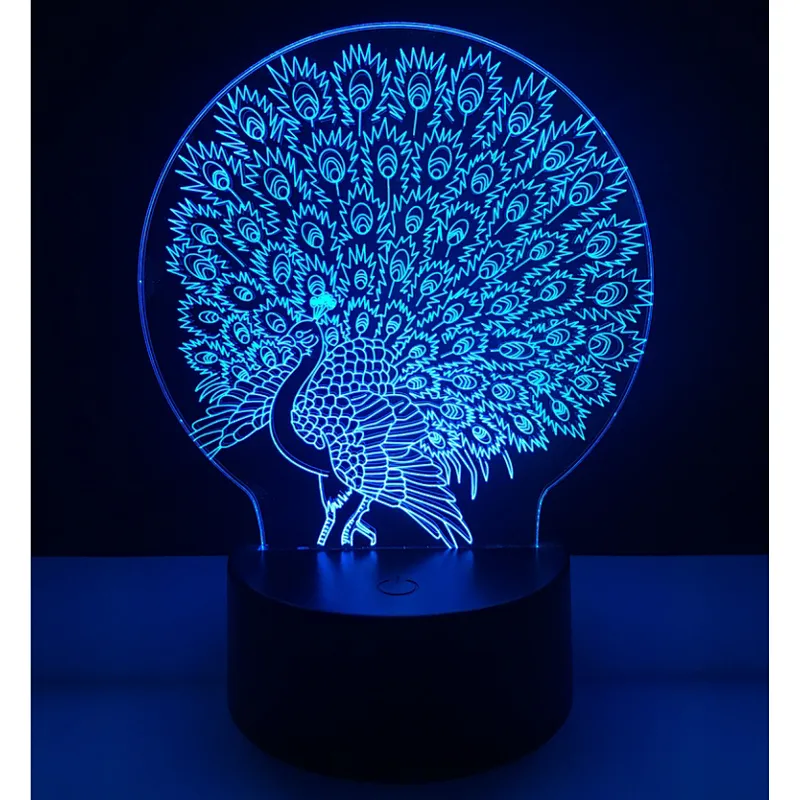 Amazon Hot selling 2019 hot gifts Peacock 3D Lamps LED Lighting Fashion Desk Lights USB Novelty Gifts 7 Colors Changing