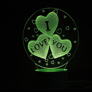 Colorful Night Light Hot selling 2019 Amazon Hot Gifts of 3D Lamp Wedding Gifts 3D Creative Three Heart Love Led