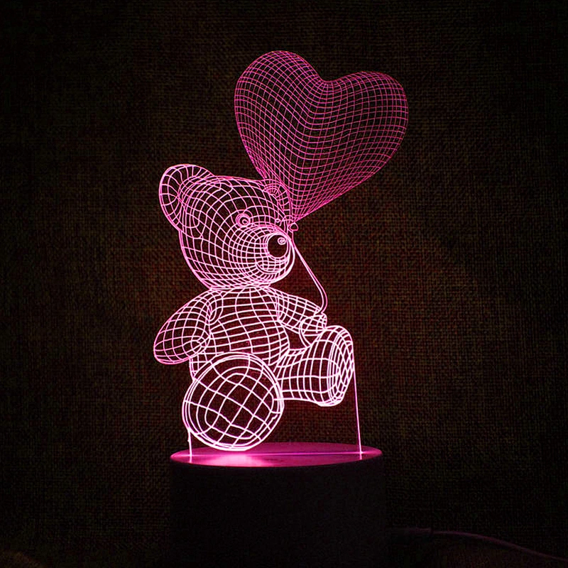 7 Color 3D Night Light Bear with Balloon Love Room Decoration LED Light