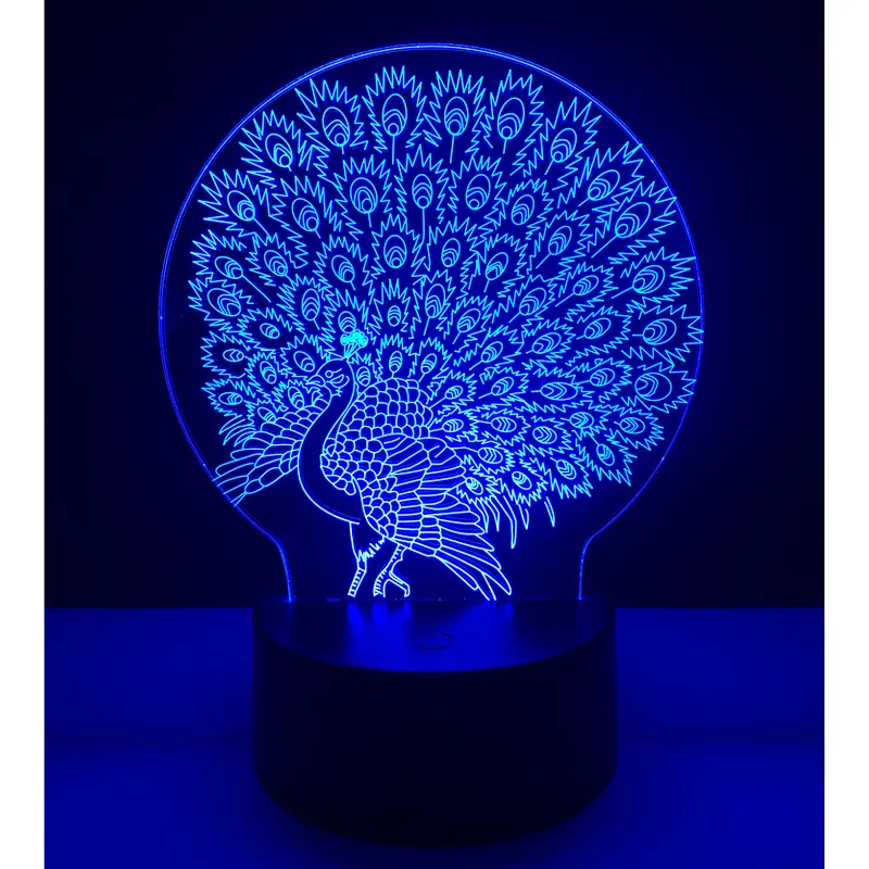 Amazon Hot selling 2019 hot gifts Peacock 3D Lamps LED Lighting Fashion Desk Lights USB Novelty Gifts 7 Colors Changing