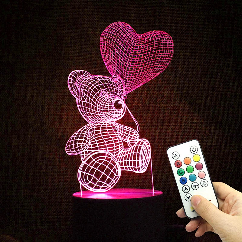 7 Color 3D Night Light Bear with Balloon Love Room Decoration LED Light