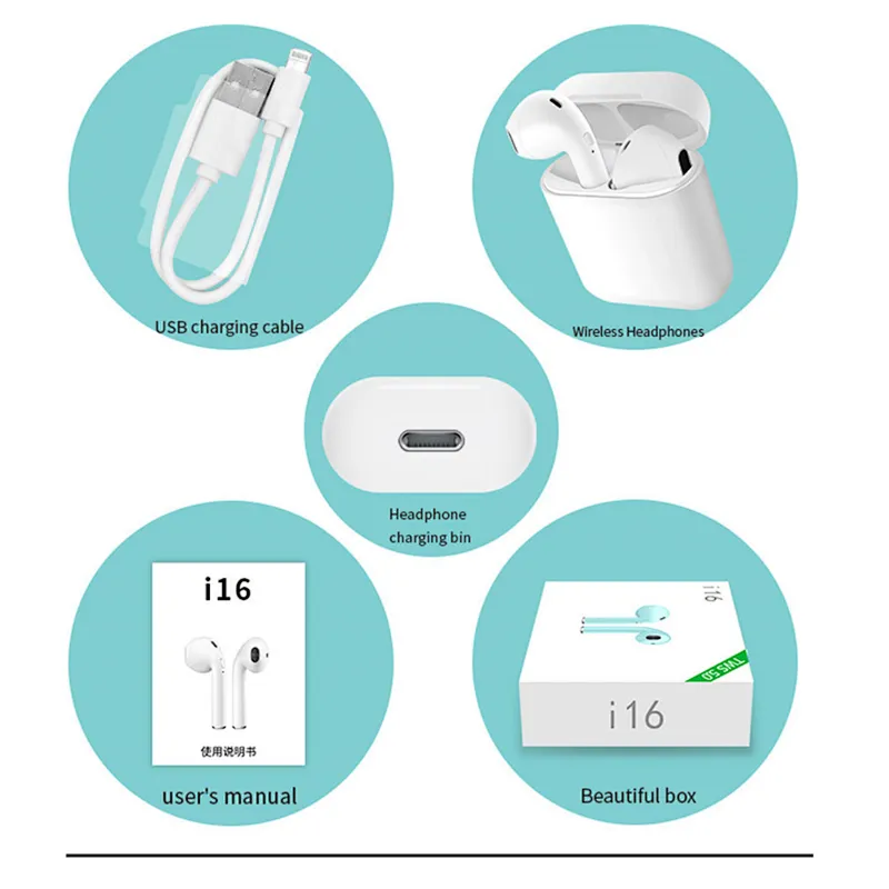 New Design i16 TWS Mini Bluetooth 5.0 Earphone Wireless Earbuds Ear Touch pod with Magnetic Charging Box