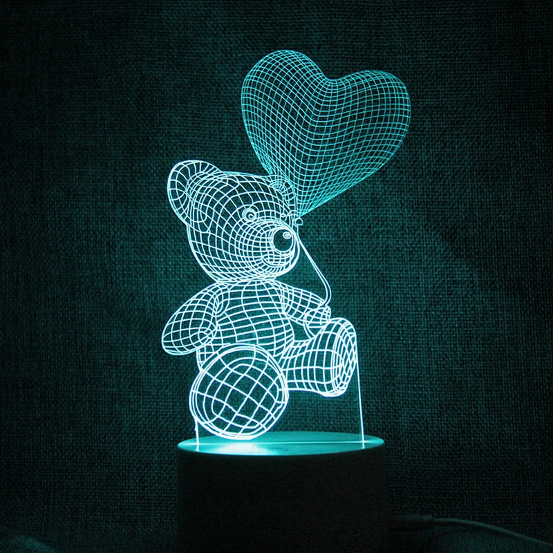 7 Color 3D Night Light Bear with Balloon Love Room Decoration LED Light