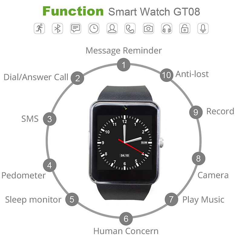 Sim Card Slot Brand New GT08 Smart Watch Clock With Push Message Bluetooth Conne Support Multi languages For IOS Android