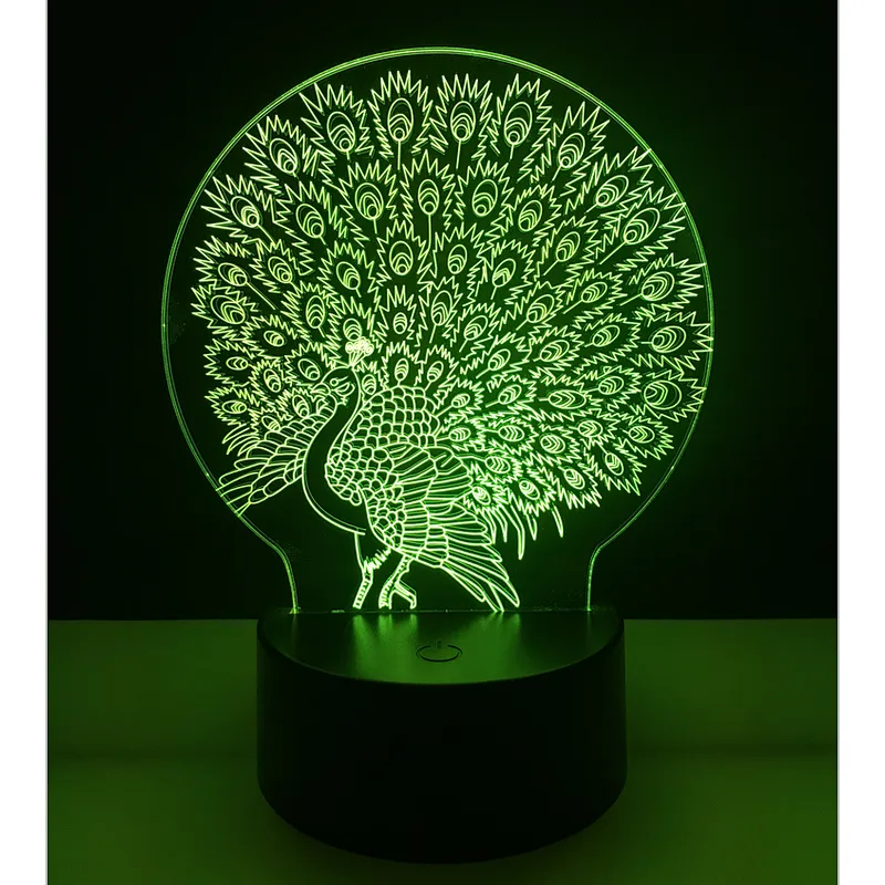 Amazon Hot selling 2019 hot gifts Peacock 3D Lamps LED Lighting Fashion Desk Lights USB Novelty Gifts 7 Colors Changing