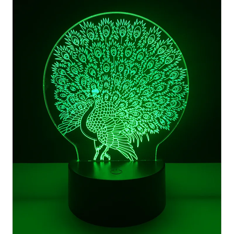 Amazon Hot selling 2019 hot gifts Peacock 3D Lamps LED Lighting Fashion Desk Lights USB Novelty Gifts 7 Colors Changing