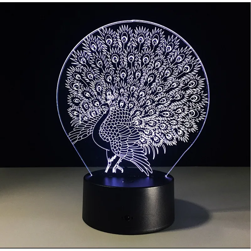 Amazon Hot selling 2019 hot gifts Peacock 3D Lamps LED Lighting Fashion Desk Lights USB Novelty Gifts 7 Colors Changing