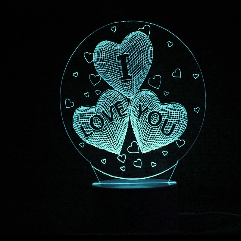 Colorful Night Light Hot selling 2019 Amazon Hot Gifts of 3D Lamp Wedding Gifts 3D Creative Three Heart Love Led