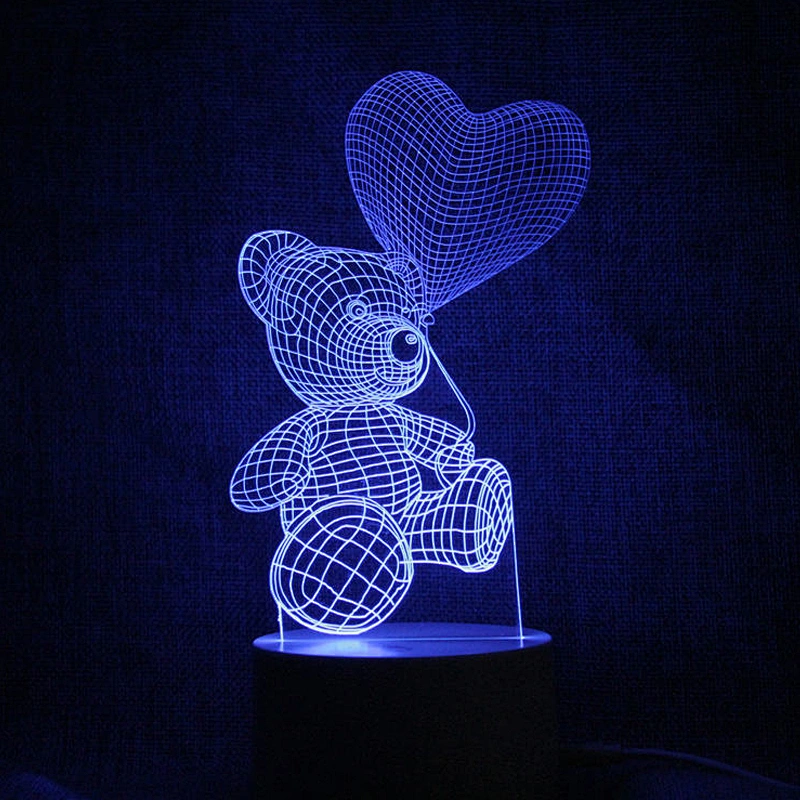 7 Color 3D Night Light Bear with Balloon Love Room Decoration LED Light