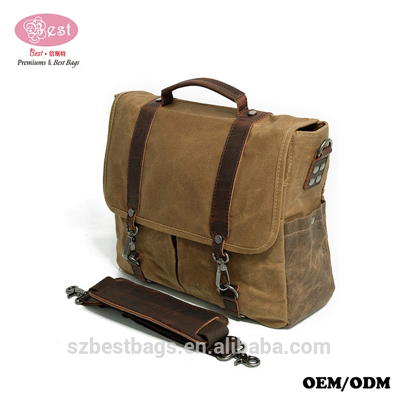 Vintage Real Leather Satchel Waxed Canvas Briefcase Men Laptop Messenger Bags