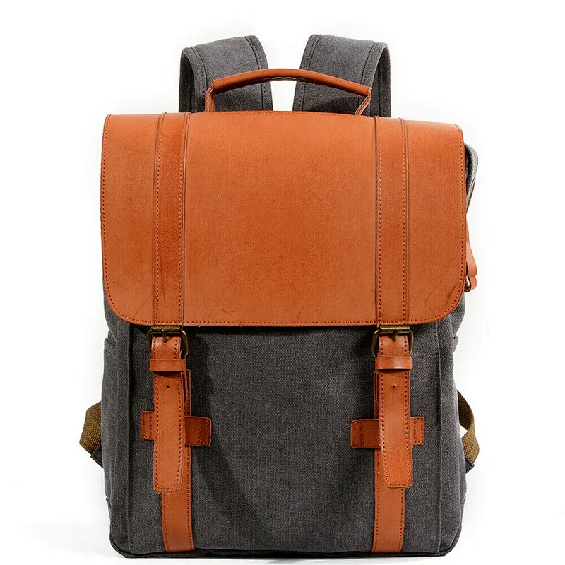 Vintage Leather Waxed Canvas Shoulder Rucksack Laptop Space for Travel  School