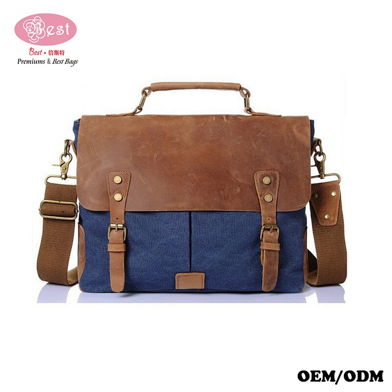 China Hot Sell Vintage Canvas with Crazy Horse Leather Trimmings Shoulder Bag Men Messenger Bag