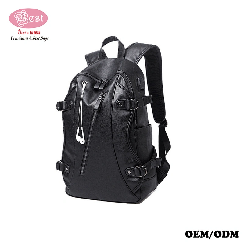 Waterproof Men Shoulder Bag Black Pu Leather 14inch Laptop Backpack