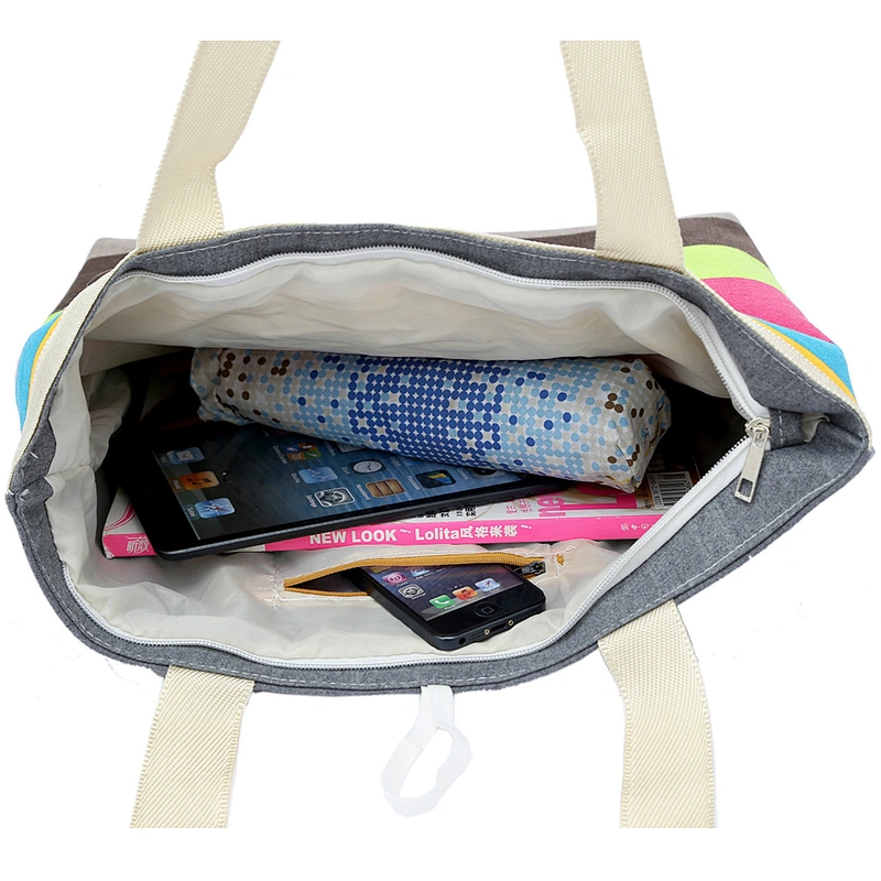 Wholesale standard size natural foldable cotton canvas stripes zipper pouch tote shopping bag