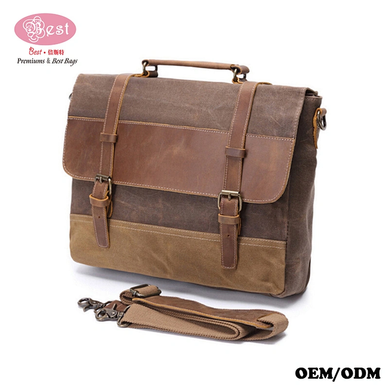 Waterproof Wax Canvas and Genuine Leather Shoulder Bag Messenger Bag Men Briefcase
