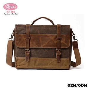 Waterproof Wax Canvas and Genuine Leather Shoulder Bag Messenger Bag Men Briefcase