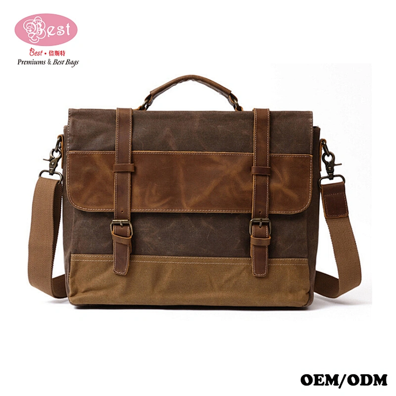Waterproof Wax Canvas and Genuine Leather Shoulder Bag Messenger Bag Men Briefcase