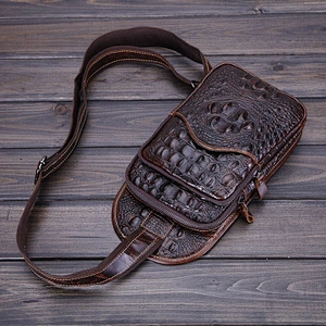 Mens Travel Bag Crossbody Chest Bag Crocodile Grain Cow Leather Single Chest Bag