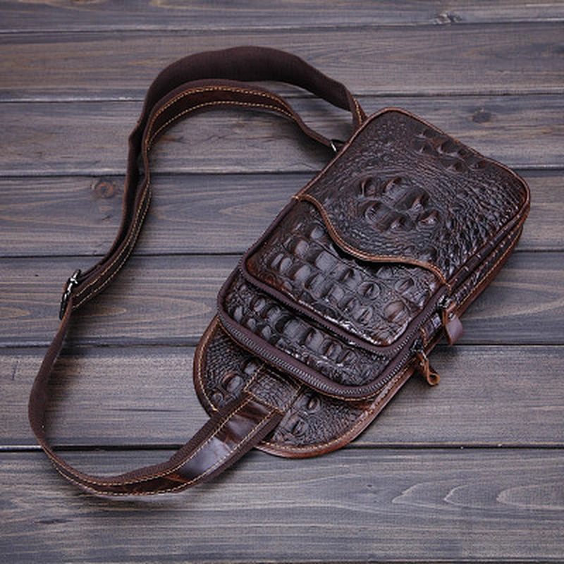 Mens Travel Bag Crossbody Chest Bag Crocodile Grain Cow Leather Single Chest Bag