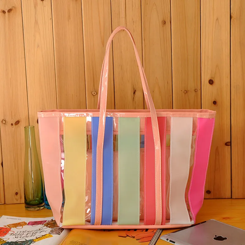 Custom cheap recycled large waterproof printed colorful pvc stripe beach tote bag