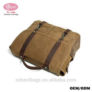 Vintage Real Leather Satchel Waxed Canvas Briefcase Men Laptop Messenger Bags