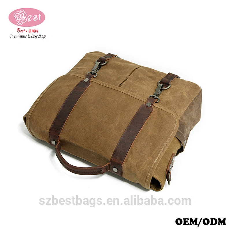 Vintage Real Leather Satchel Waxed Canvas Briefcase Men Laptop Messenger Bags