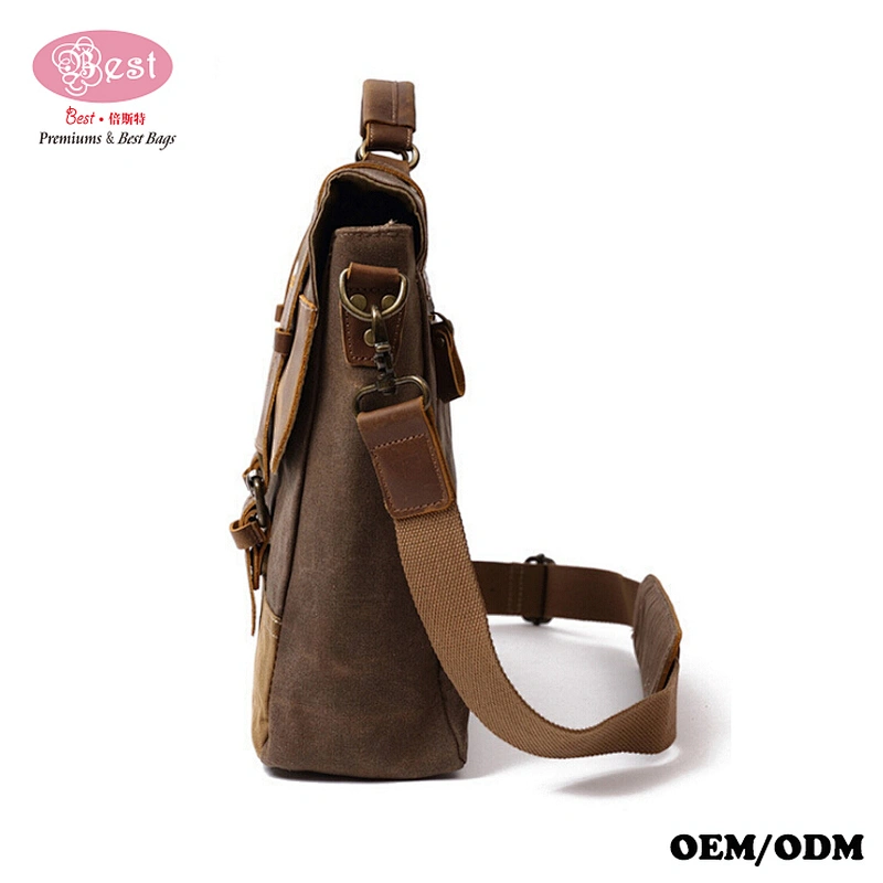 Waterproof Wax Canvas and Genuine Leather Shoulder Bag Messenger Bag Men Briefcase