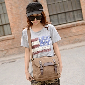 Vintage unisex travel two sided brown cotton canvas single shoulder messenger bag