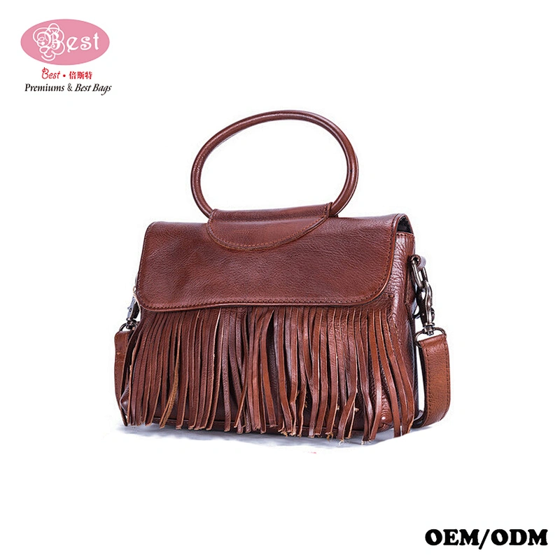 Factory Handmade Unique Branded Chic 100% Pure Leather Front Fringed Tote Bag Women Shoulder Bag