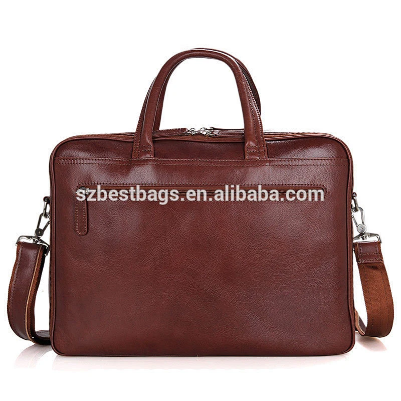 Brown-red Genuine Leather 15-inch Business Laptop Handbag With a Long Adjustable Shoulder Strap