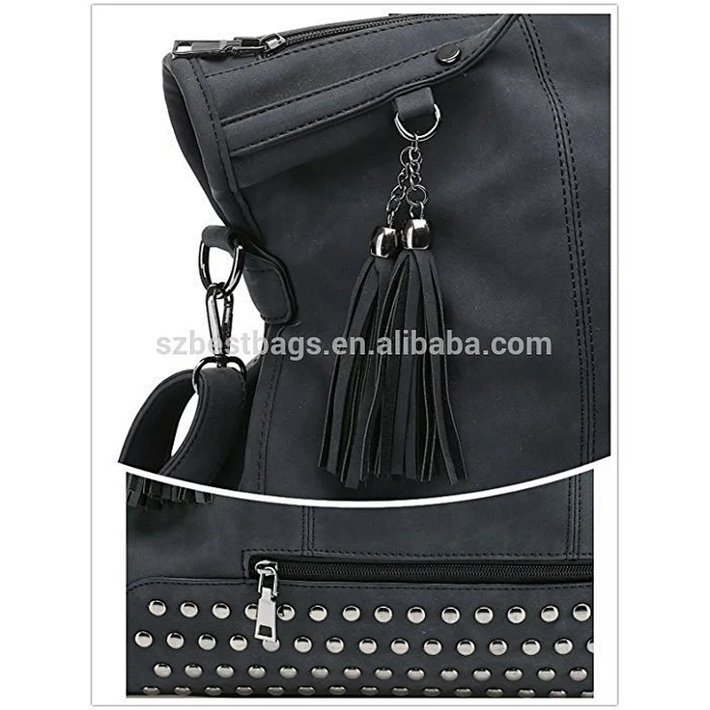 Punk Motorcycle Rivet Studded Tassel Slouchy Nubuck Pu Leather Top Handle Hobo Bag Women Handbag