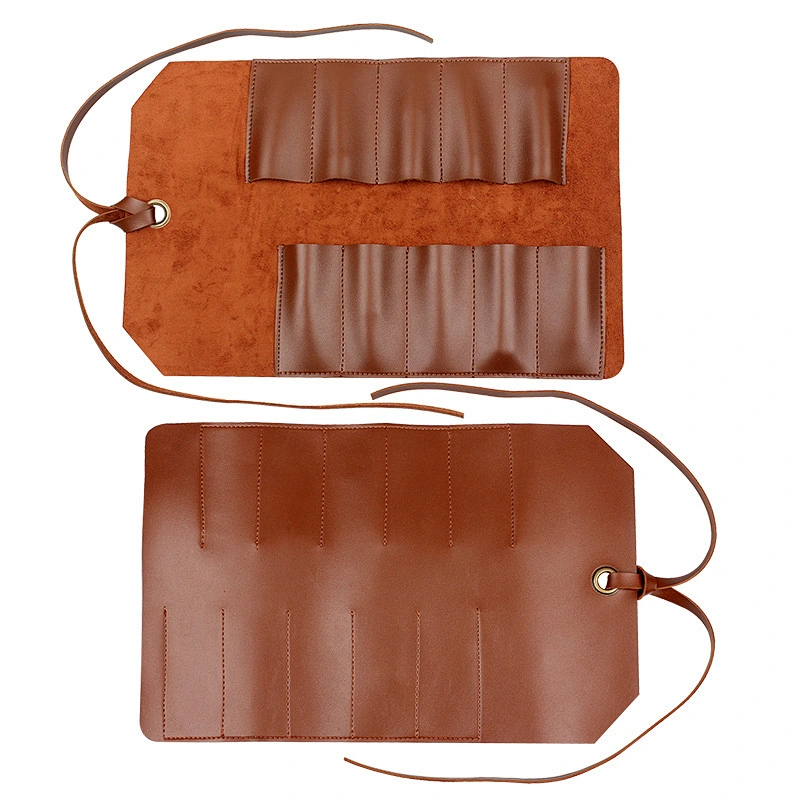 Waxed real leather Chef Knife Roll Bag Heavy Duty Storage Knife Cutlery Tool Case with 6 Slots Wrapping Strap handbag