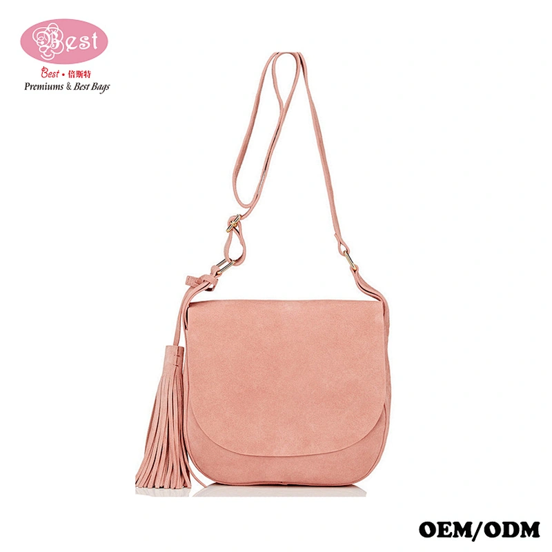 Hot Selling Designer Branded Pink Suede Leather Small Saddle Bag with Tassel Charm Hobo Bag for Lady