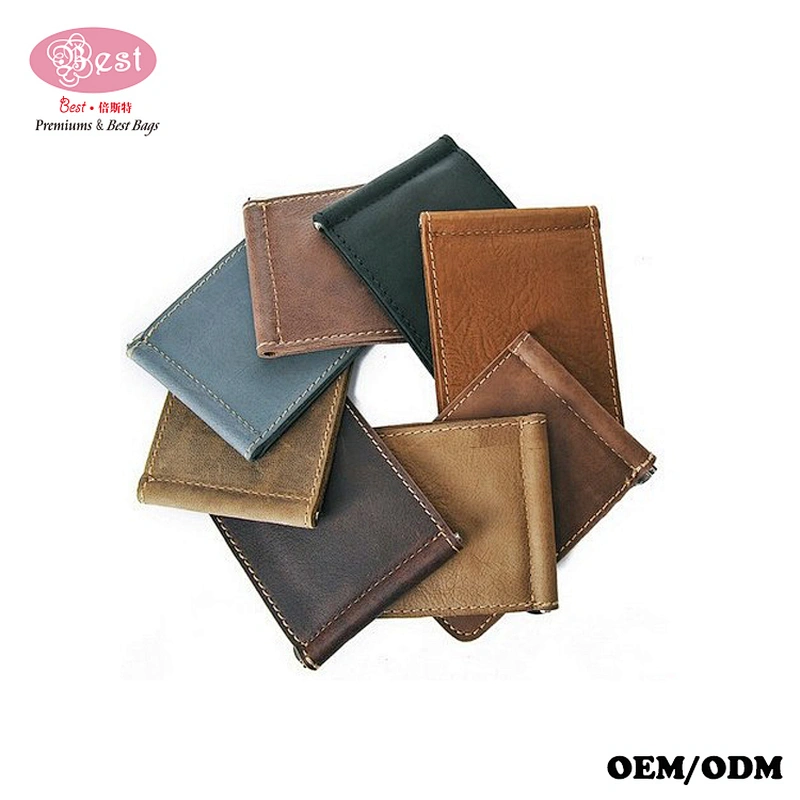 Drop Shipping Handmade Crazy Horse Leather Vintage Money Clip Bifold Wallet