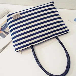 Lady's canvas stripes beach tote bag