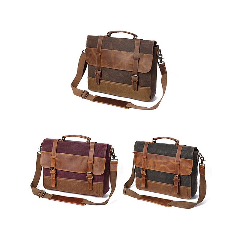 Waterproof Wax Canvas and Genuine Leather Shoulder Bag Messenger Bag Men Briefcase