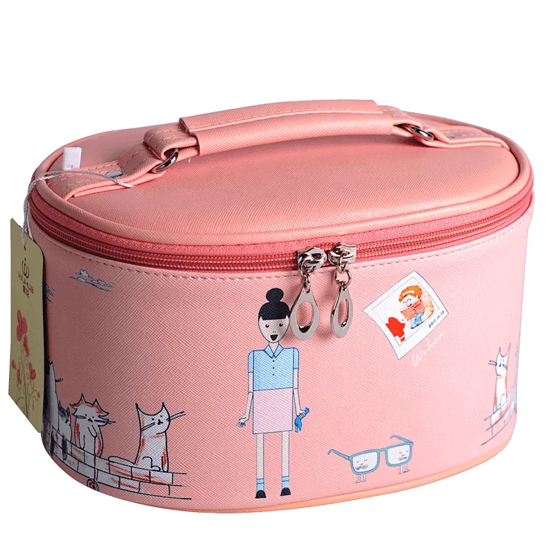 Lovely round pu toiletry cosmetic makeup kit pouch make up organizer bag