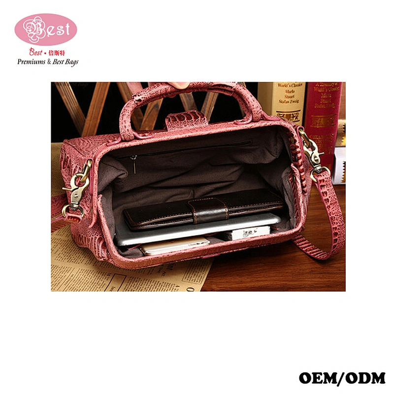 Factory Custom Crodile Embossed Real Leather Tote Bag Women Doctor Bag Hinge Closure Handbag