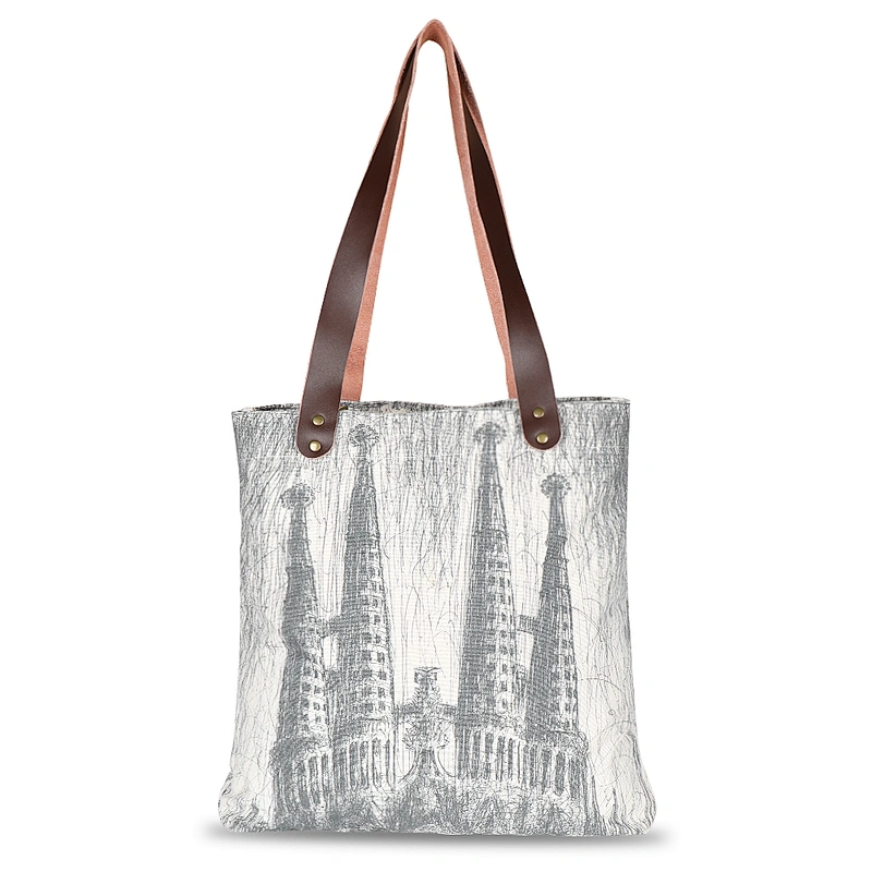 Lineart style print custom cotton canvas leather handle tote bag