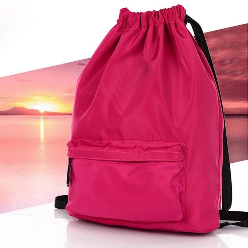 Small waterproof nylon drawstring beach backpack bag with front zipper pocket